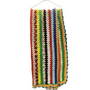Handmade Crochet Stripe Afghan Blanket Multi Color Cozy Warm 80X40